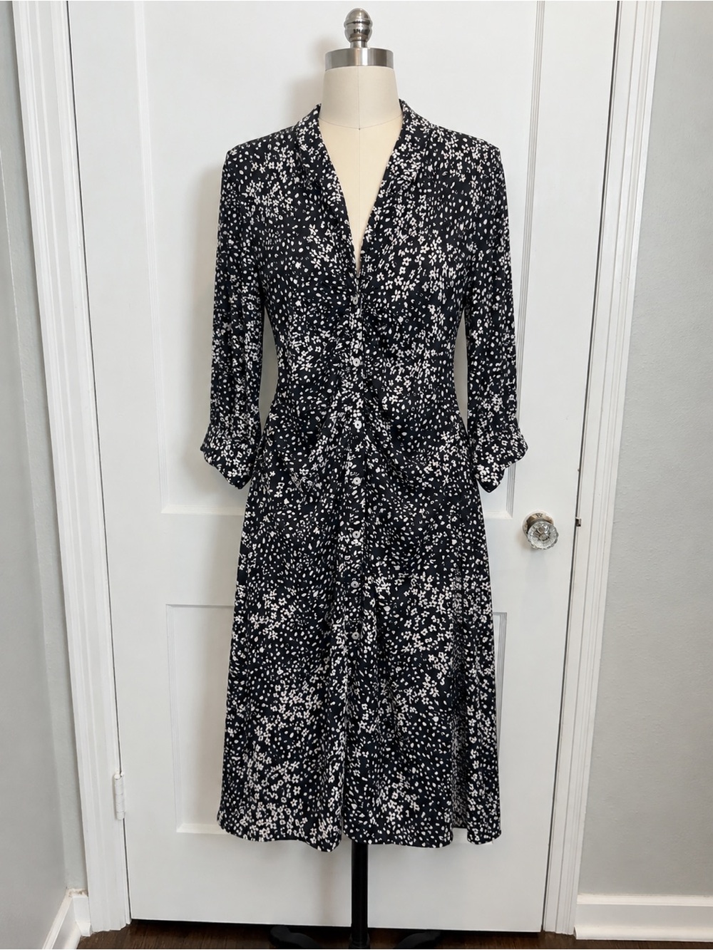 DKNY Black and White Floral Midi Dress
